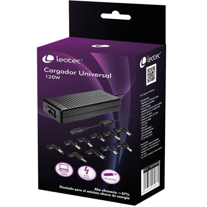 Cargador de Portátil Leotec Home/ 120W/ Automático/ 10 Conectores/ Voltaje 15-20V