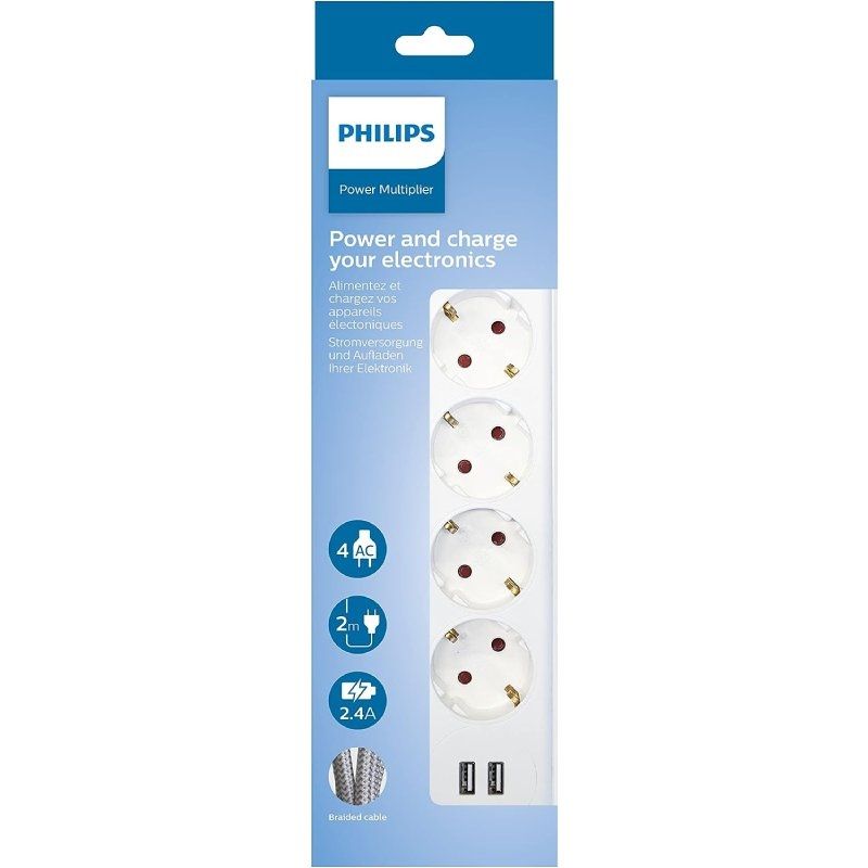 Regleta con Interruptor Philips 4 Tomas de corriente, 2 USB y cable de 2.0m
