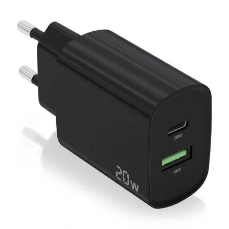 Cargador de Pared Aisens 1xUSB Tipo-C y 1xUSB de 20W color Negro