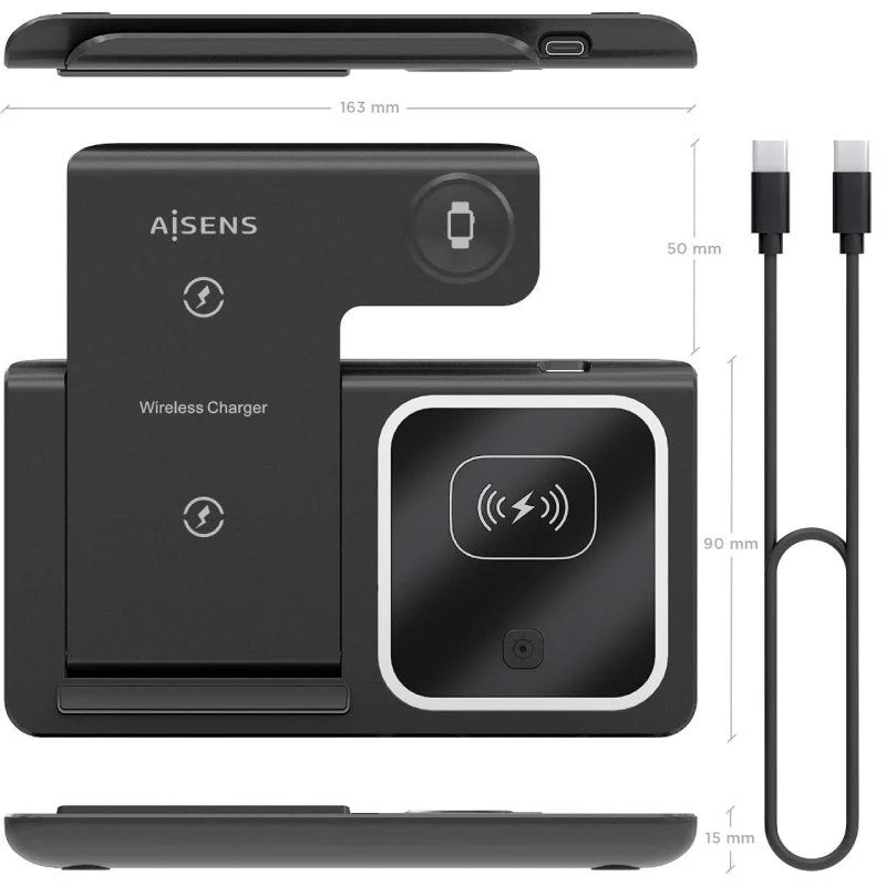Cargador inalámbrico AISENS de 15W para móvil, Apple Watch y auriculares con estuche de carga, color negro - Imagen 2
