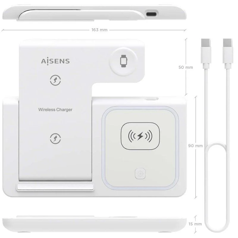 Cargador inalámbrico AISENS de 15W para móvil, Apple Watch y auriculares con estuche de carga - Imagen 2