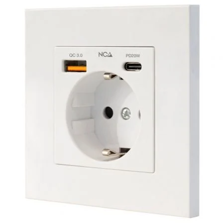 Base Schuko empotrable con 1 puerto USB-C y 1 puerto USB-A