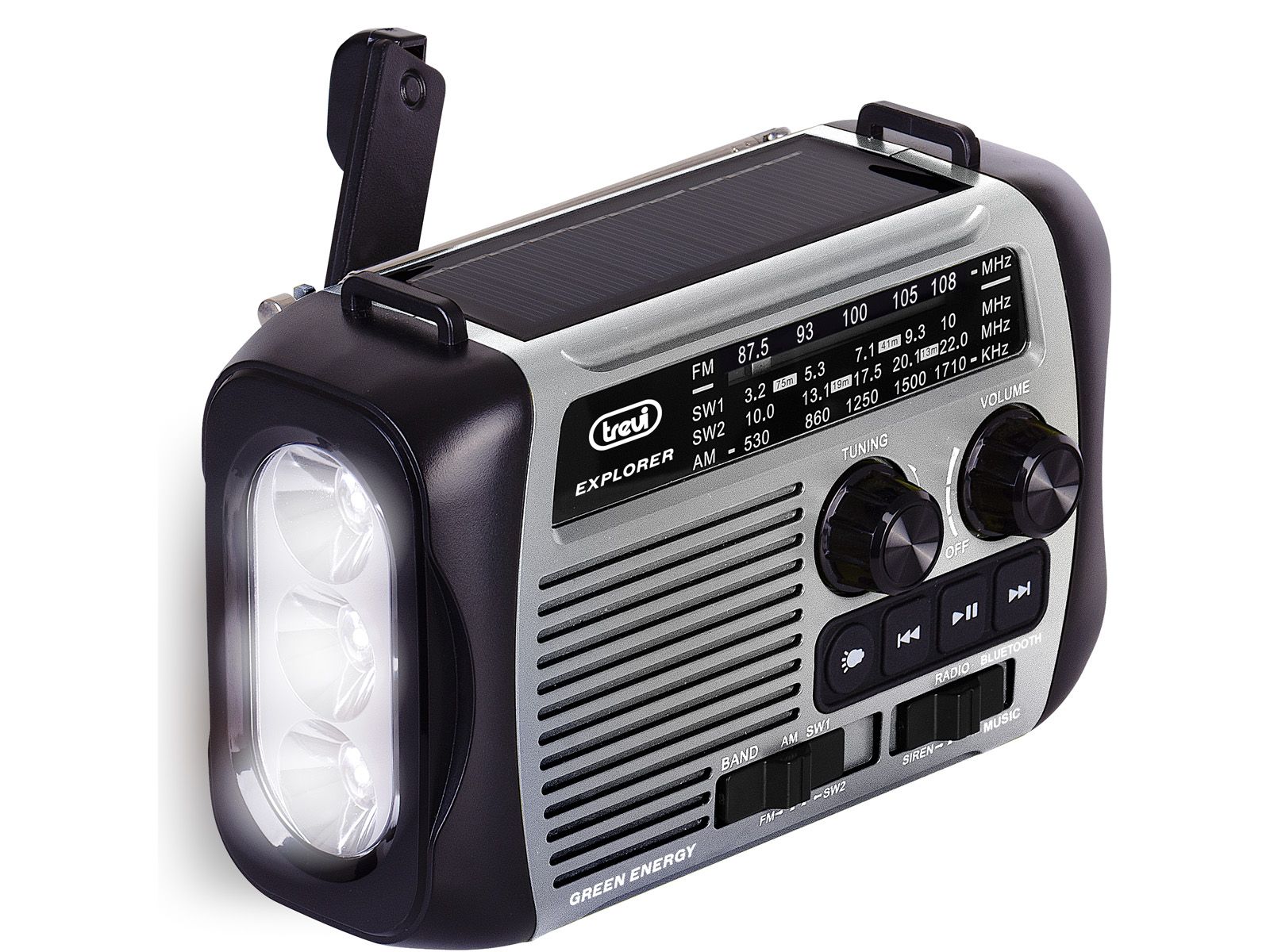 Rádio Trevi RA 7F30BT Explorer con carga solar y dinamo, linterna y powerbank