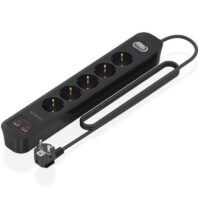 Regleta con Interruptor Aisens con 5 tomas de corriente, 2 puertos USB-C y 2 puertos USB-A. Negro