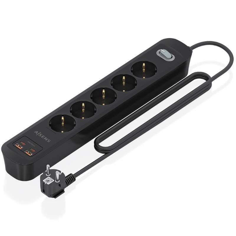 Regleta con Interruptor Aisens con 5 tomas de corriente, 2 puertos USB-C y 2 puertos USB-A. Negro