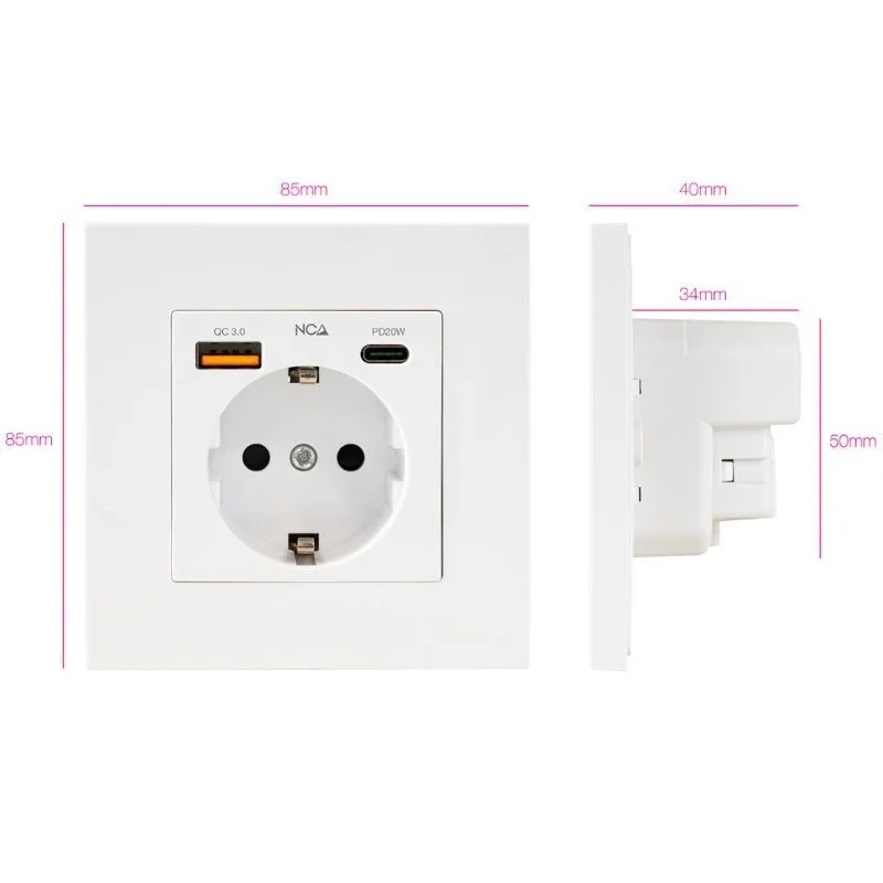 Base Schuko empotrable con 1 puerto USB-C y 1 puerto USB-A - Imagen 2